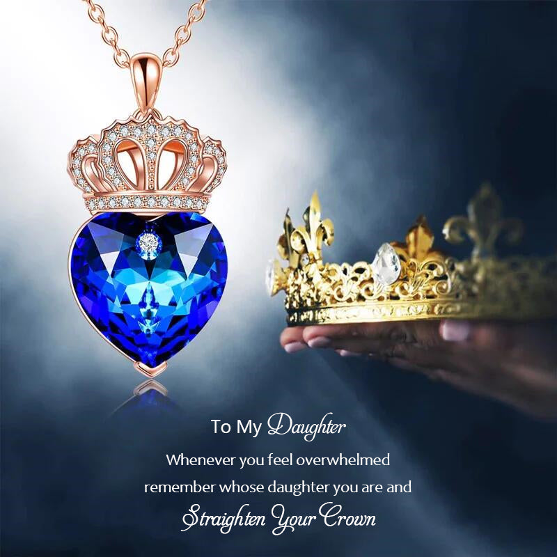 For Daughter - S925 Straighten Your Crown Blue Heart Crystal Crown Necklace